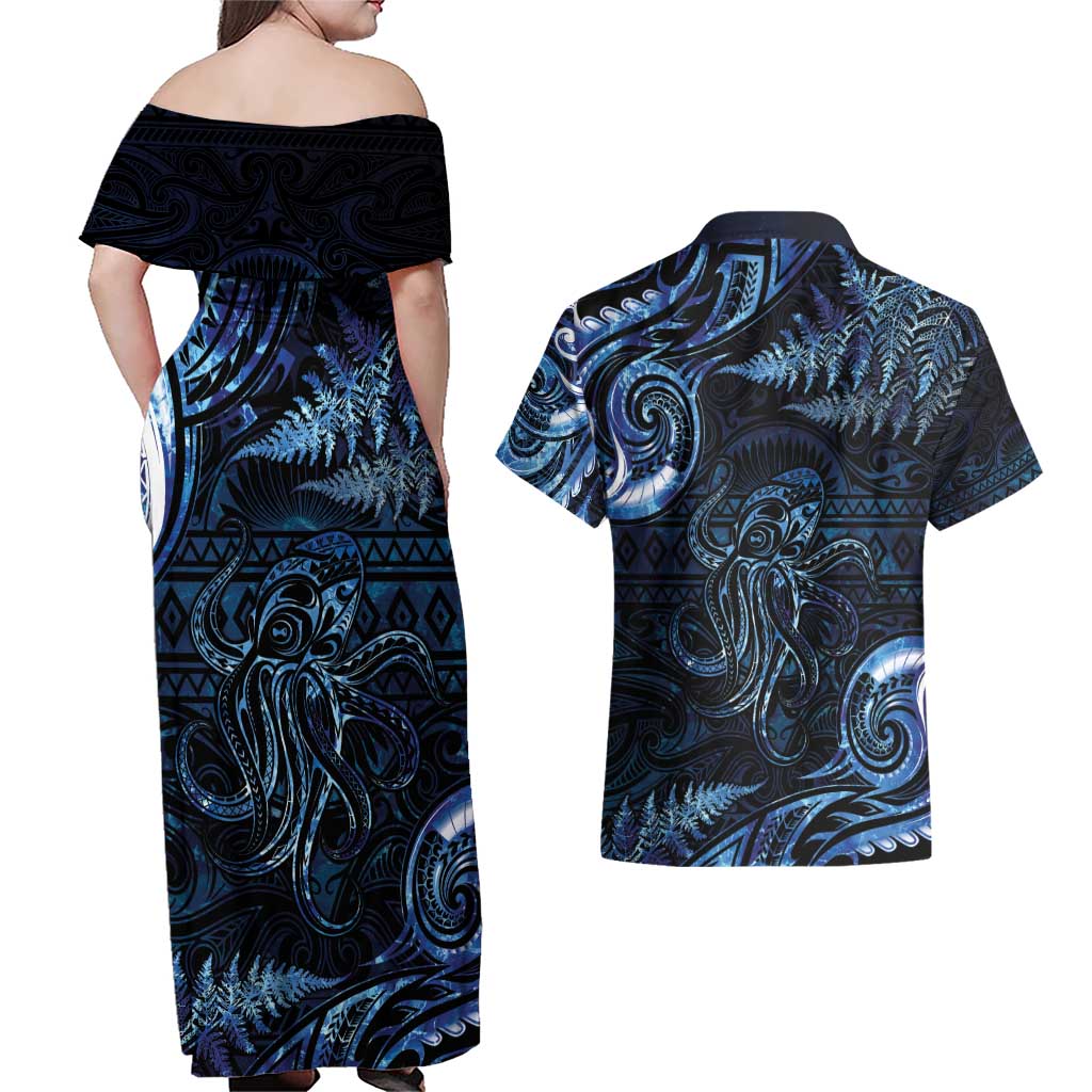 Aotearoa New Zealand Octopus Couples Matching Off Shoulder Maxi Dress and Hawaiian Shirt Silver Fern Maori Pattern LT05 - Polynesian Pride