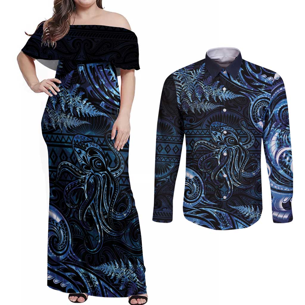 Aotearoa New Zealand Octopus Couples Matching Off Shoulder Maxi Dress and Long Sleeve Button Shirt Silver Fern Maori Pattern LT05 Blue - Polynesian Pride