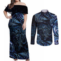 Aotearoa New Zealand Octopus Couples Matching Off Shoulder Maxi Dress and Long Sleeve Button Shirt Silver Fern Maori Pattern LT05 Blue - Polynesian Pride