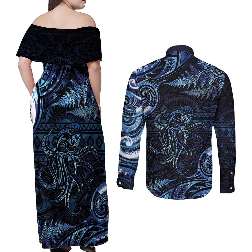 Aotearoa New Zealand Octopus Couples Matching Off Shoulder Maxi Dress and Long Sleeve Button Shirt Silver Fern Maori Pattern LT05 - Polynesian Pride