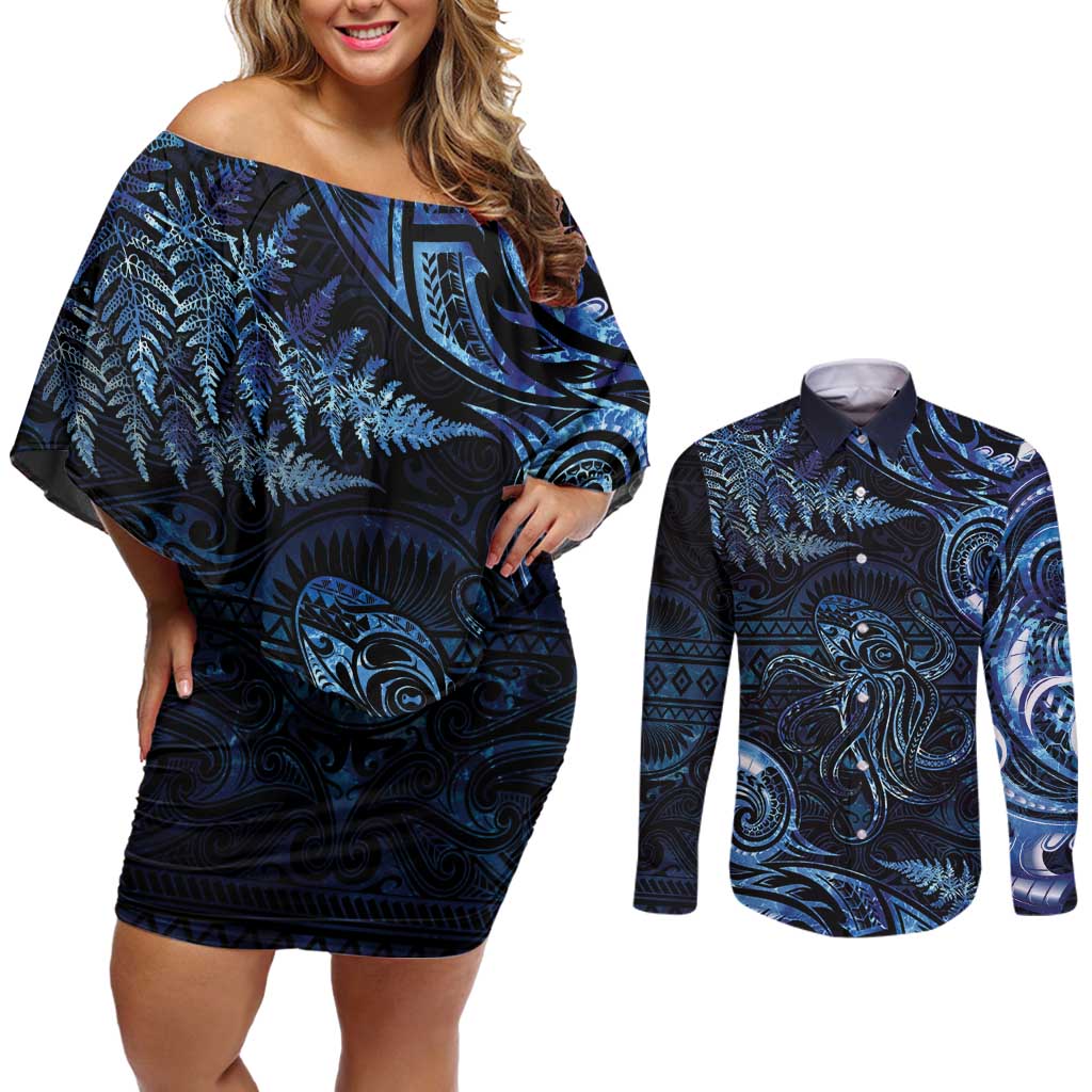 Aotearoa New Zealand Octopus Couples Matching Off Shoulder Short Dress and Long Sleeve Button Shirt Silver Fern Maori Pattern LT05 Blue - Polynesian Pride