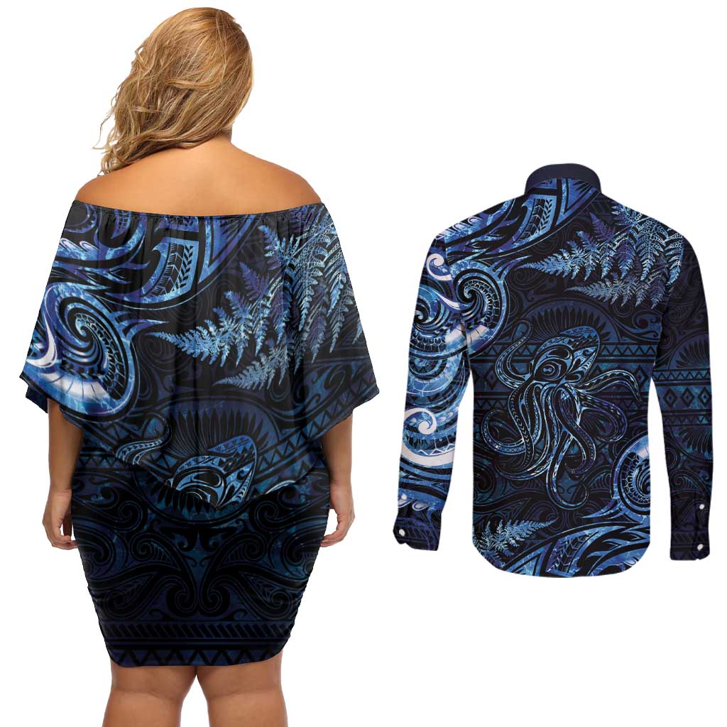 Aotearoa New Zealand Octopus Couples Matching Off Shoulder Short Dress and Long Sleeve Button Shirt Silver Fern Maori Pattern LT05 - Polynesian Pride