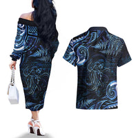 Aotearoa New Zealand Octopus Couples Matching Off The Shoulder Long Sleeve Dress and Hawaiian Shirt Silver Fern Maori Pattern LT05 - Polynesian Pride