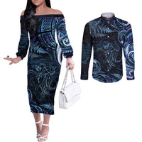 Aotearoa New Zealand Octopus Couples Matching Off The Shoulder Long Sleeve Dress and Long Sleeve Button Shirt Silver Fern Maori Pattern LT05 Blue - Polynesian Pride
