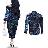 Aotearoa New Zealand Octopus Couples Matching Off The Shoulder Long Sleeve Dress and Long Sleeve Button Shirt Silver Fern Maori Pattern LT05 - Polynesian Pride