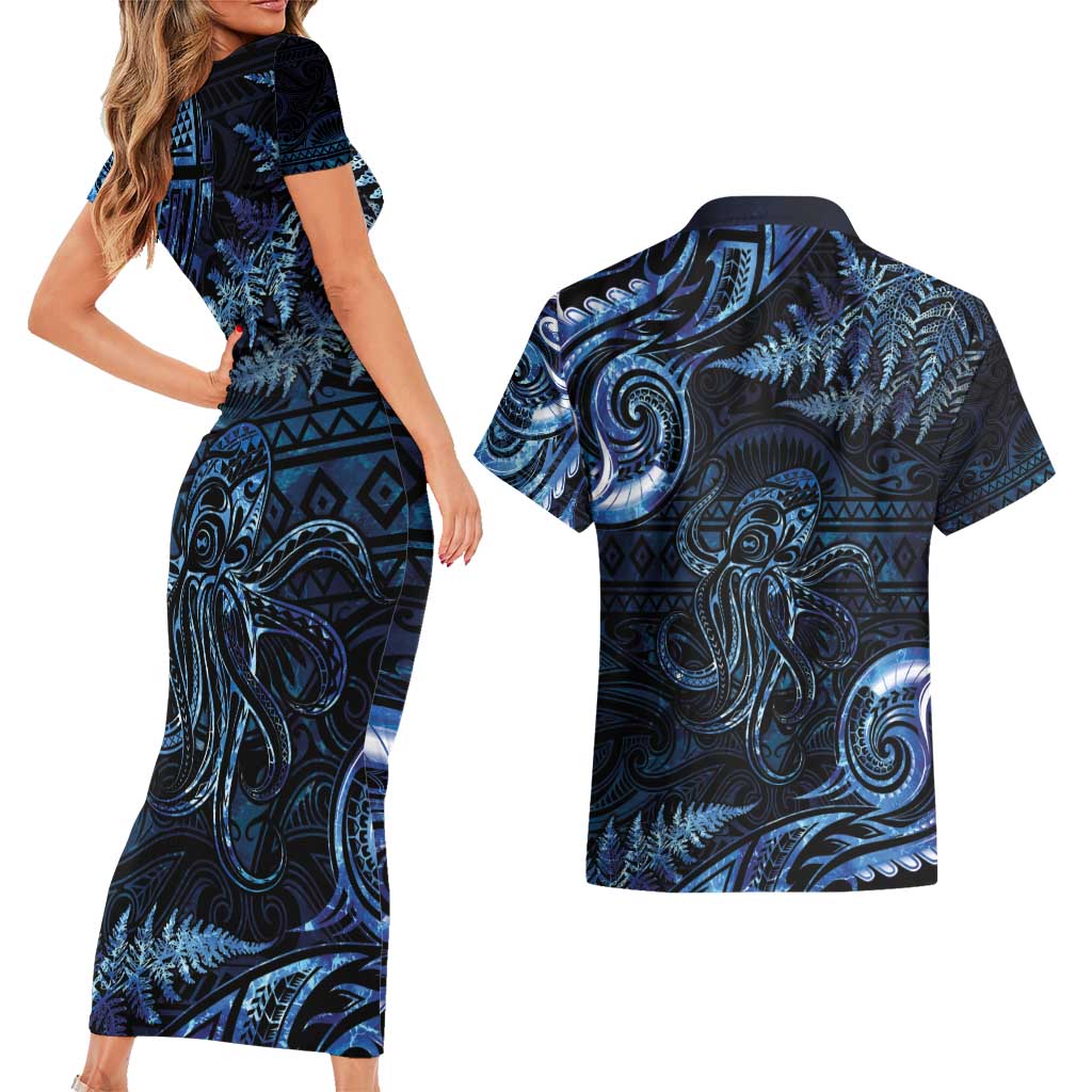 Aotearoa New Zealand Octopus Couples Matching Short Sleeve Bodycon Dress and Hawaiian Shirt Silver Fern Maori Pattern LT05 - Polynesian Pride