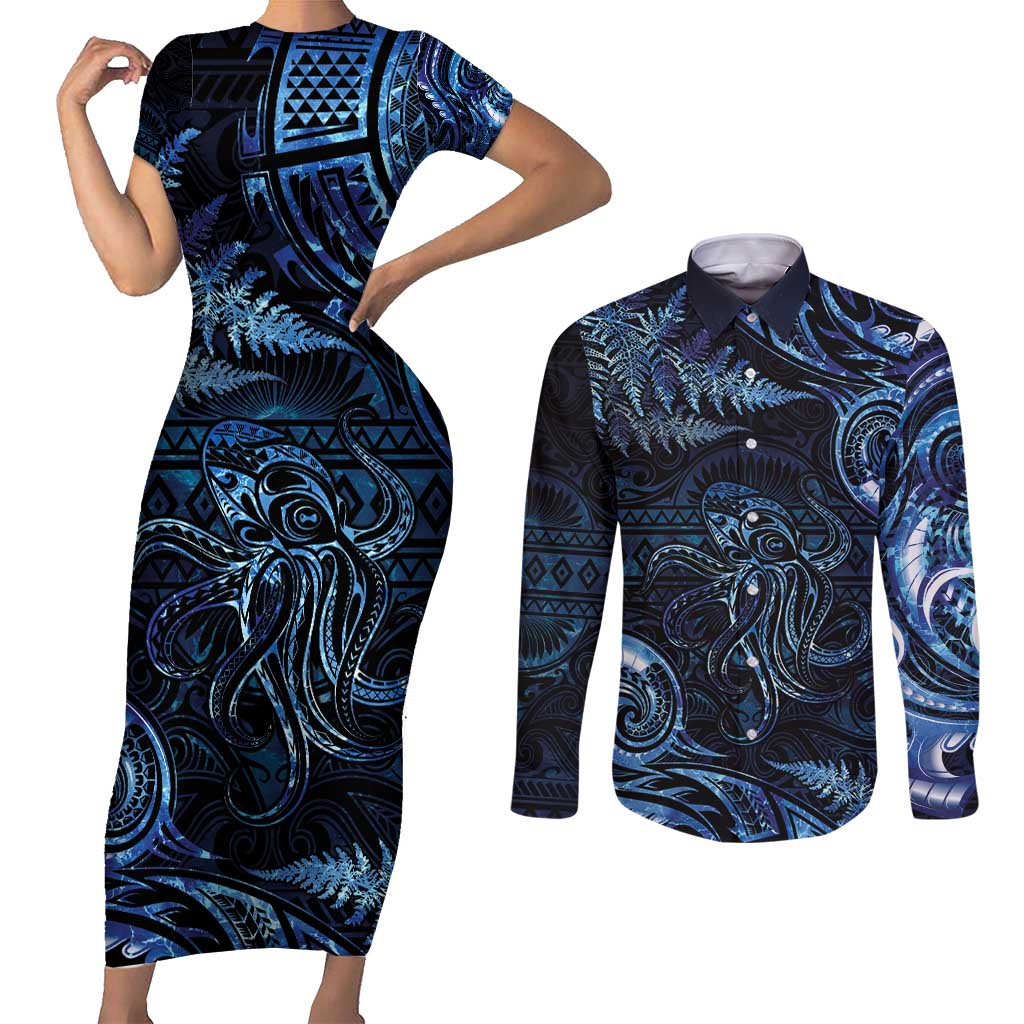 Aotearoa New Zealand Octopus Couples Matching Short Sleeve Bodycon Dress and Long Sleeve Button Shirt Silver Fern Maori Pattern LT05 Blue - Polynesian Pride