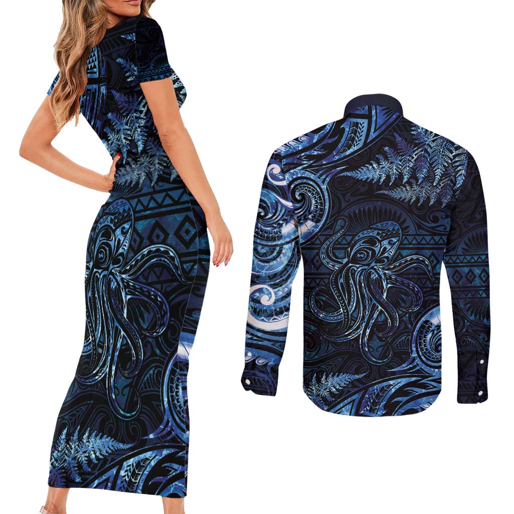 Aotearoa New Zealand Octopus Couples Matching Short Sleeve Bodycon Dress and Long Sleeve Button Shirt Silver Fern Maori Pattern LT05 - Polynesian Pride