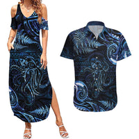 Aotearoa New Zealand Octopus Couples Matching Summer Maxi Dress and Hawaiian Shirt Silver Fern Maori Pattern LT05 Blue - Polynesian Pride