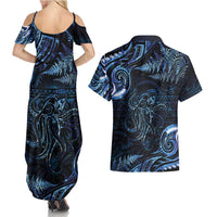 Aotearoa New Zealand Octopus Couples Matching Summer Maxi Dress and Hawaiian Shirt Silver Fern Maori Pattern LT05 - Polynesian Pride