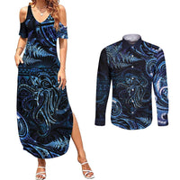 Aotearoa New Zealand Octopus Couples Matching Summer Maxi Dress and Long Sleeve Button Shirt Silver Fern Maori Pattern LT05 Blue - Polynesian Pride