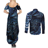 Aotearoa New Zealand Octopus Couples Matching Summer Maxi Dress and Long Sleeve Button Shirt Silver Fern Maori Pattern LT05 - Polynesian Pride