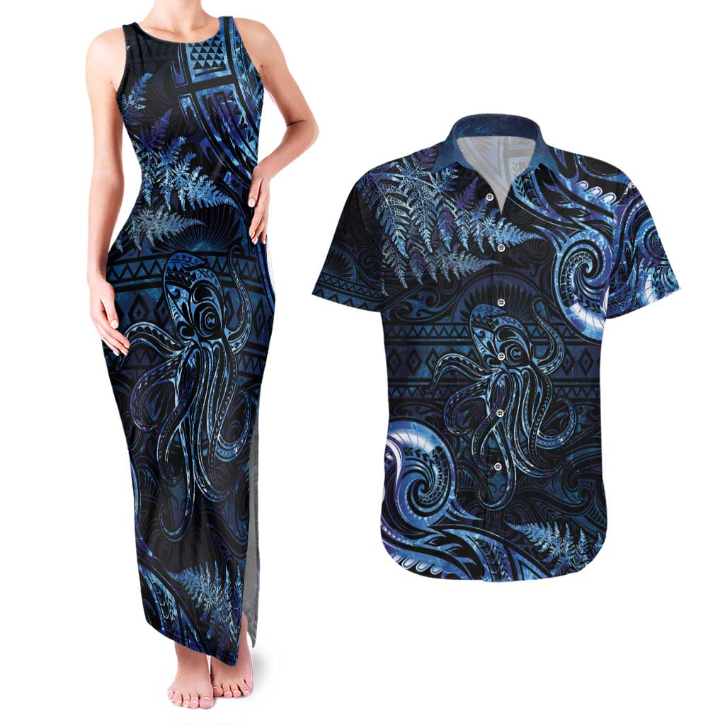 Aotearoa New Zealand Octopus Couples Matching Tank Maxi Dress and Hawaiian Shirt Silver Fern Maori Pattern LT05 Blue - Polynesian Pride