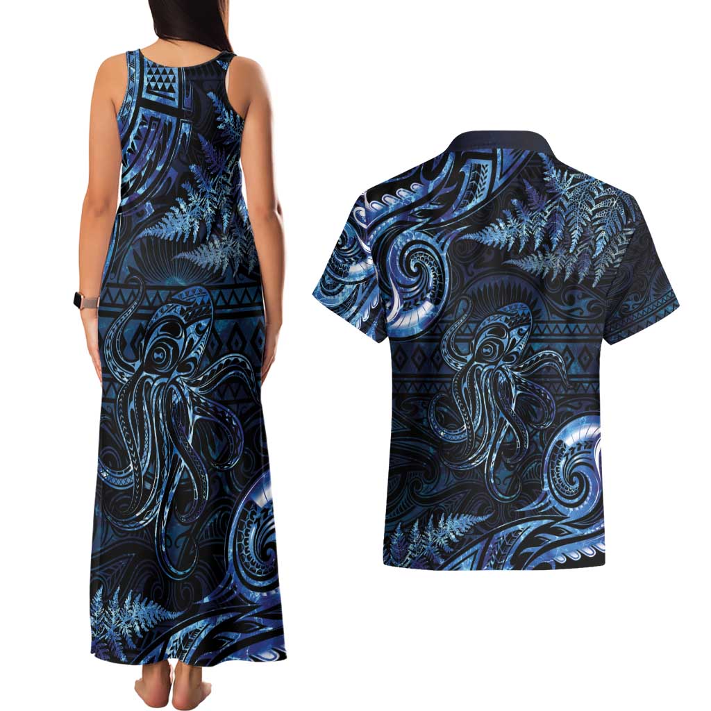 Aotearoa New Zealand Octopus Couples Matching Tank Maxi Dress and Hawaiian Shirt Silver Fern Maori Pattern LT05 - Polynesian Pride