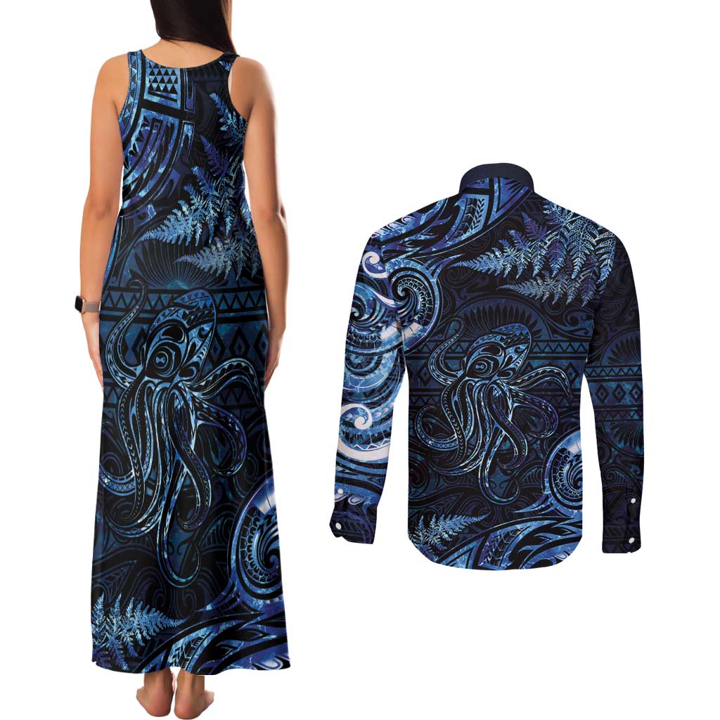 Aotearoa New Zealand Octopus Couples Matching Tank Maxi Dress and Long Sleeve Button Shirt Silver Fern Maori Pattern LT05 - Polynesian Pride