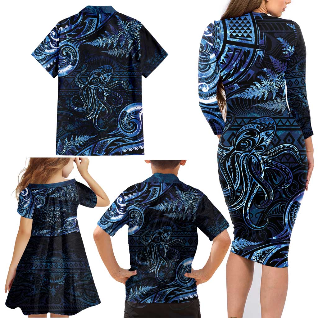 Aotearoa New Zealand Octopus Family Matching Long Sleeve Bodycon Dress and Hawaiian Shirt Silver Fern Maori Pattern LT05 - Polynesian Pride