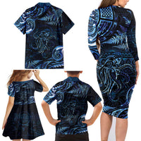 Aotearoa New Zealand Octopus Family Matching Long Sleeve Bodycon Dress and Hawaiian Shirt Silver Fern Maori Pattern LT05 - Polynesian Pride