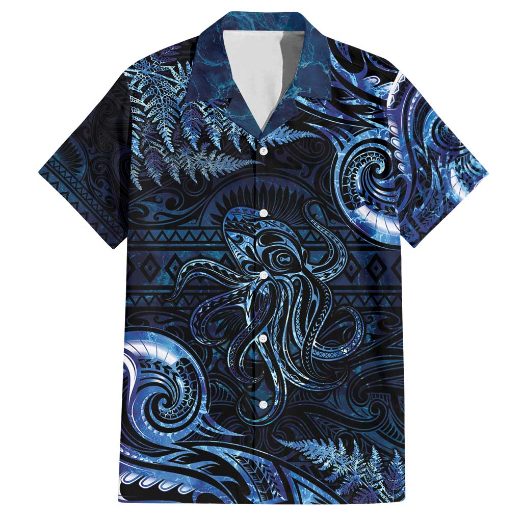 Aotearoa New Zealand Octopus Family Matching Long Sleeve Bodycon Dress and Hawaiian Shirt Silver Fern Maori Pattern LT05 Dad's Shirt - Short Sleeve Blue - Polynesian Pride