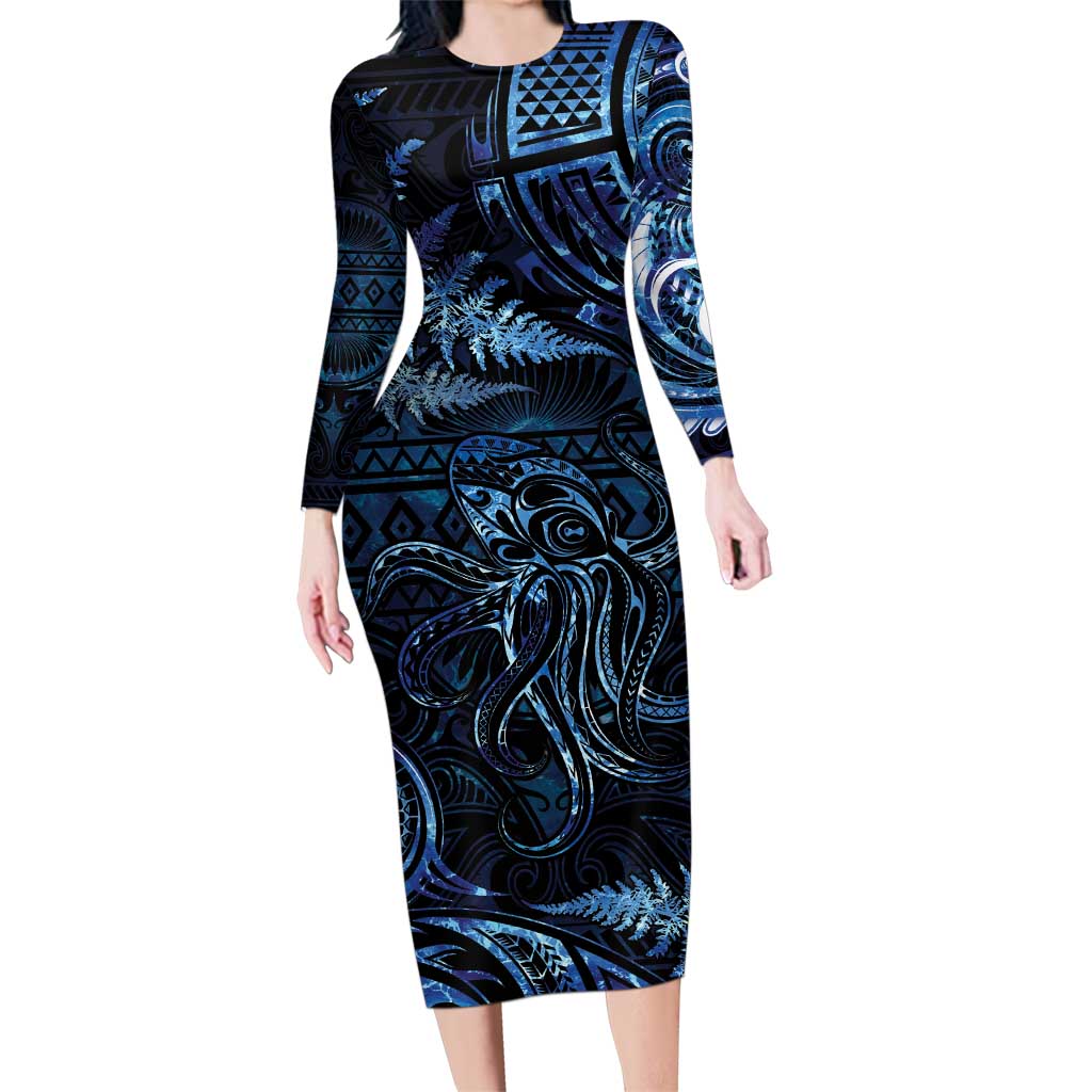 Aotearoa New Zealand Octopus Family Matching Long Sleeve Bodycon Dress and Hawaiian Shirt Silver Fern Maori Pattern LT05 Mom's Dress Blue - Polynesian Pride
