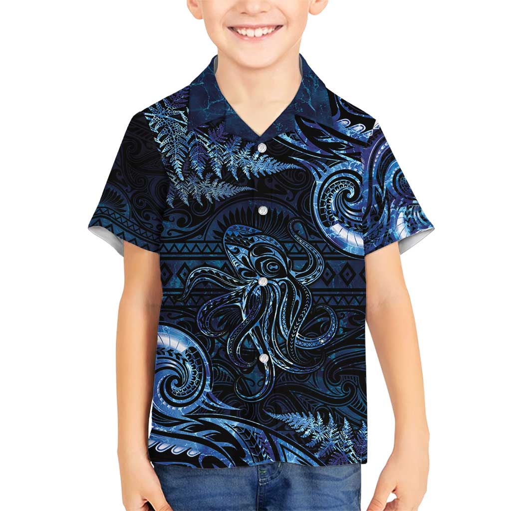 Aotearoa New Zealand Octopus Family Matching Long Sleeve Bodycon Dress and Hawaiian Shirt Silver Fern Maori Pattern LT05 Son's Shirt Blue - Polynesian Pride
