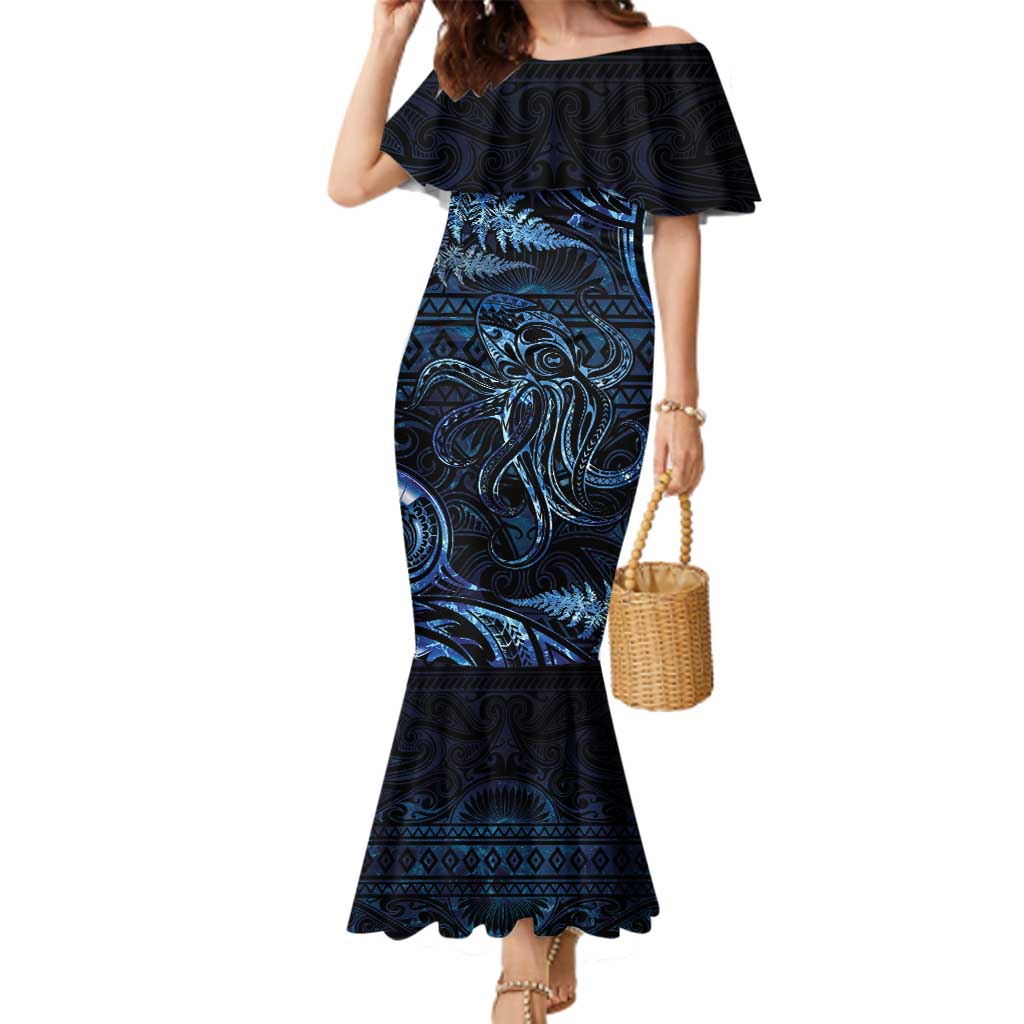 Aotearoa New Zealand Octopus Family Matching Mermaid Dress and Hawaiian Shirt Silver Fern Maori Pattern LT05 Mom's Dress Blue - Polynesian Pride