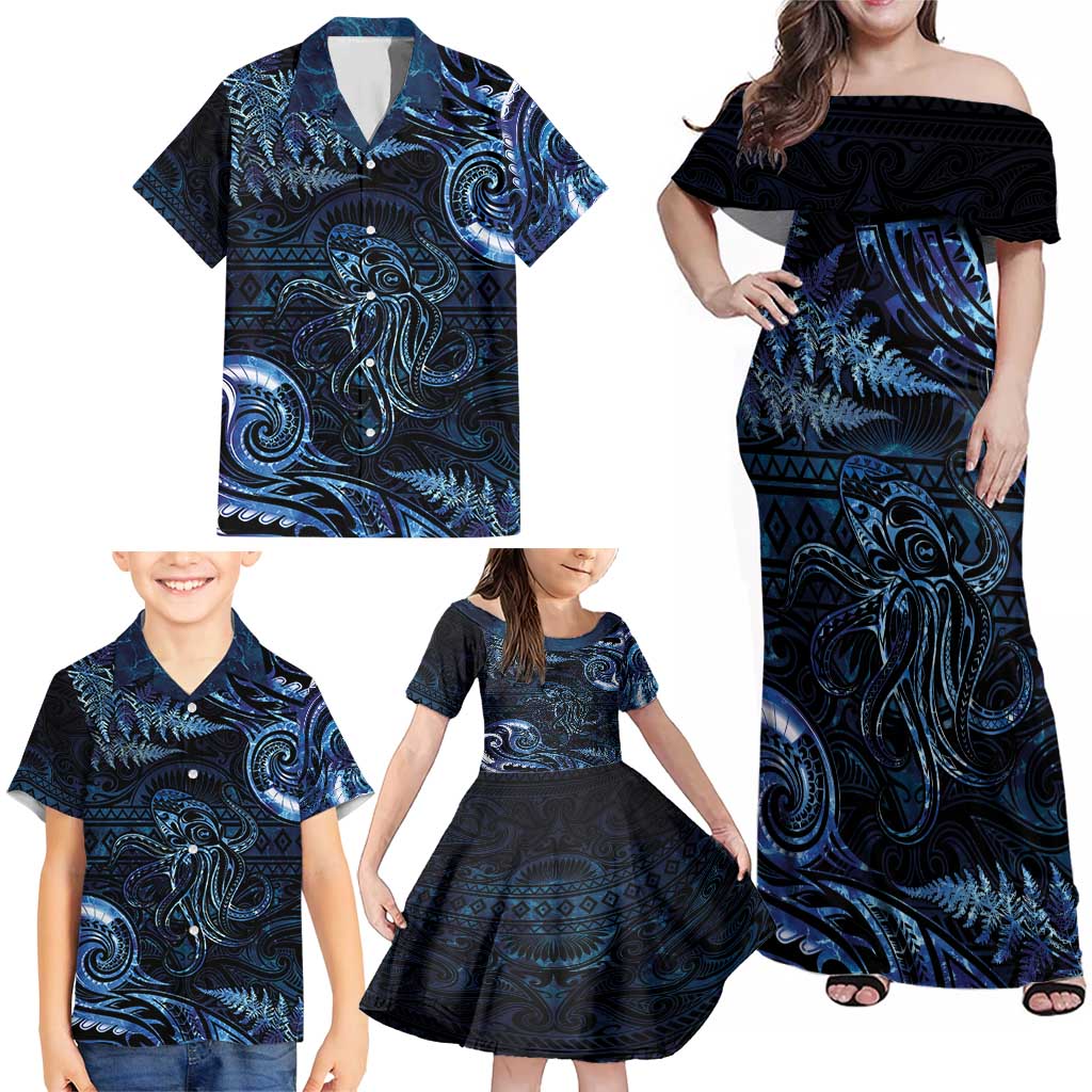 Aotearoa New Zealand Octopus Family Matching Off Shoulder Maxi Dress and Hawaiian Shirt Silver Fern Maori Pattern LT05 - Polynesian Pride