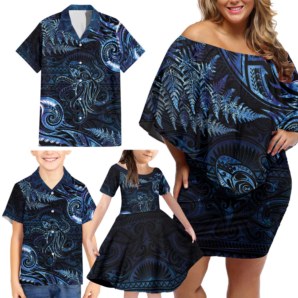 Aotearoa New Zealand Octopus Family Matching Off Shoulder Short Dress and Hawaiian Shirt Silver Fern Maori Pattern LT05 - Polynesian Pride