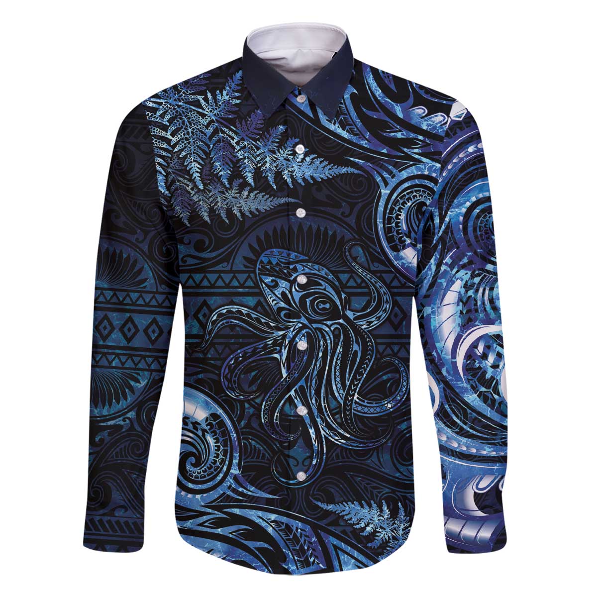 Aotearoa New Zealand Octopus Family Matching Off Shoulder Short Dress and Hawaiian Shirt Silver Fern Maori Pattern LT05 Dad's Shirt - Long Sleeve Blue - Polynesian Pride