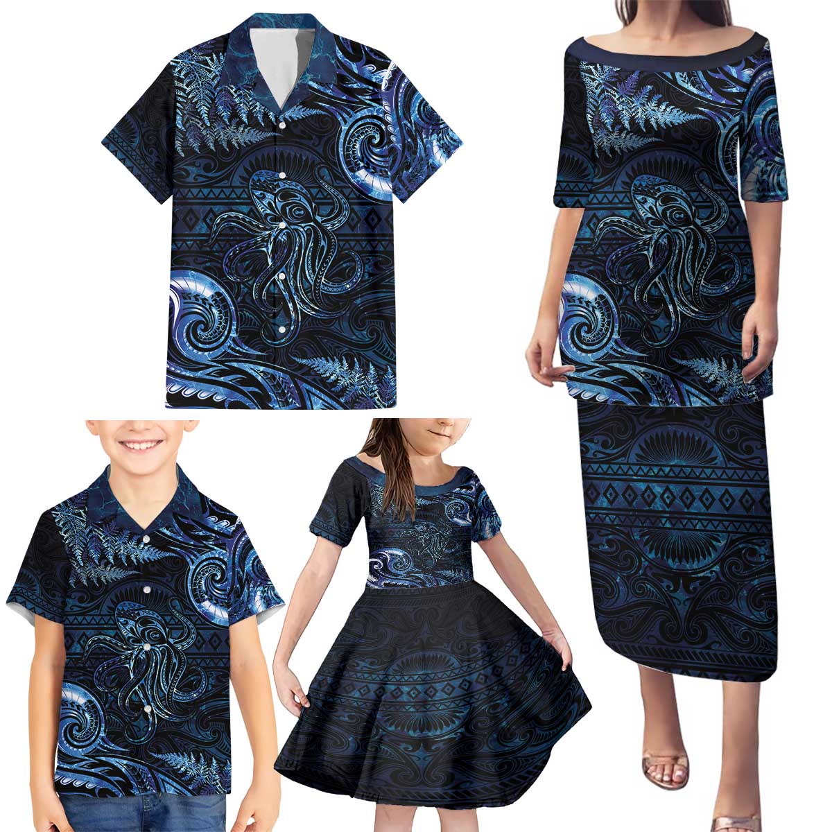 Aotearoa New Zealand Octopus Family Matching Puletasi and Hawaiian Shirt Silver Fern Maori Pattern LT05 - Polynesian Pride