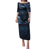Aotearoa New Zealand Octopus Family Matching Puletasi and Hawaiian Shirt Silver Fern Maori Pattern LT05 Mom's Dress Blue - Polynesian Pride