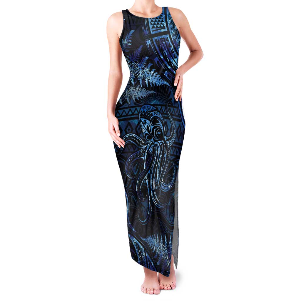 Aotearoa New Zealand Octopus Family Matching Tank Maxi Dress and Hawaiian Shirt Silver Fern Maori Pattern LT05 Mom's Dress Blue - Polynesian Pride