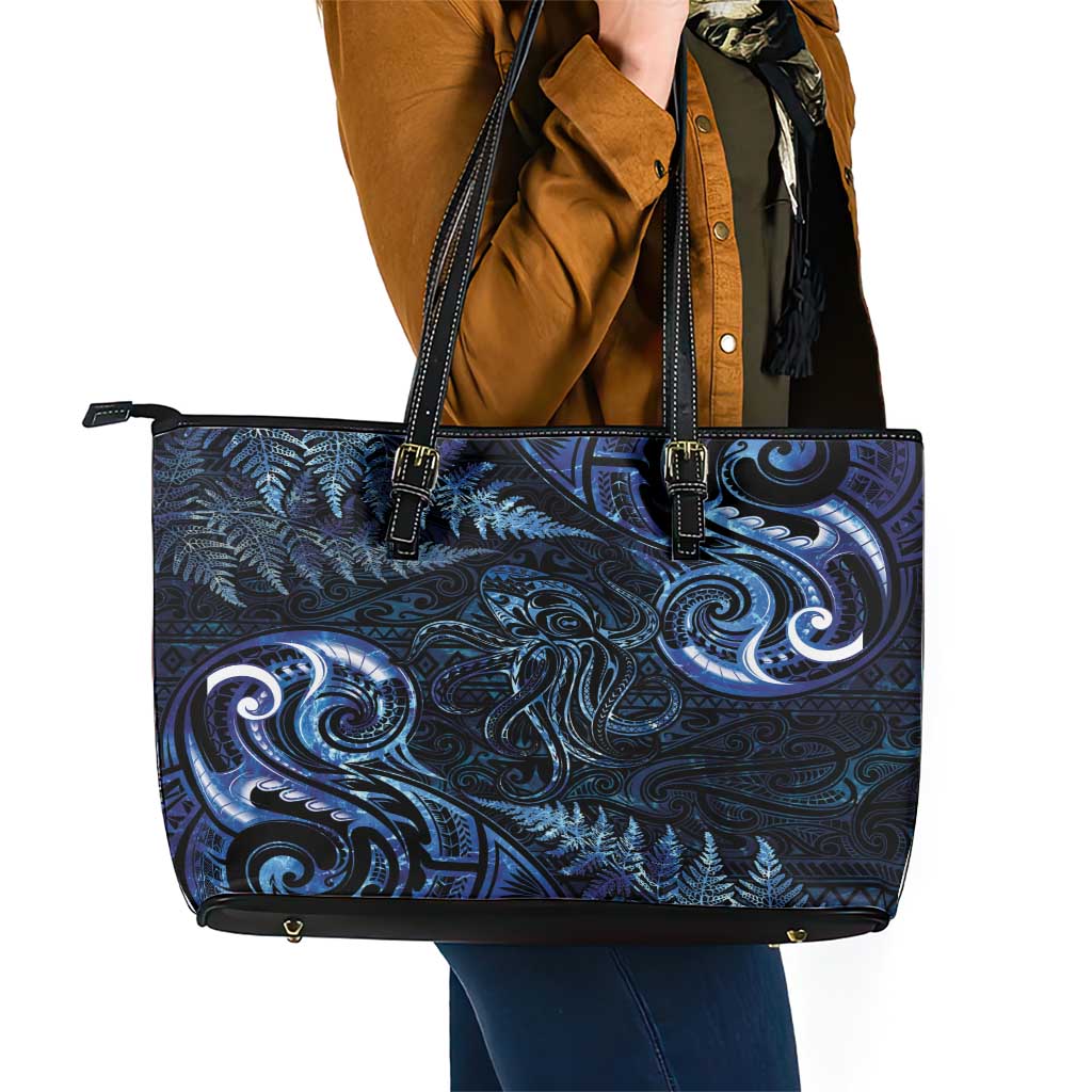 Aotearoa New Zealand Octopus Leather Tote Bag Silver Fern Maori Pattern LT05 - Polynesian Pride