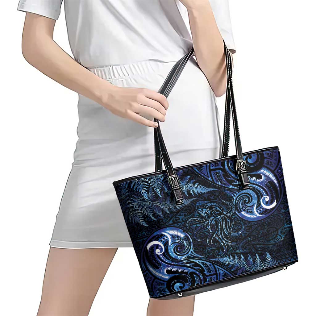 Aotearoa New Zealand Octopus Leather Tote Bag Silver Fern Maori Pattern LT05 - Polynesian Pride