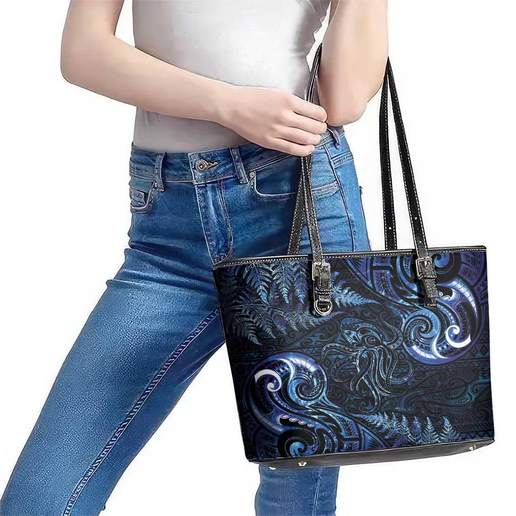 Aotearoa New Zealand Octopus Leather Tote Bag Silver Fern Maori Pattern LT05 - Polynesian Pride