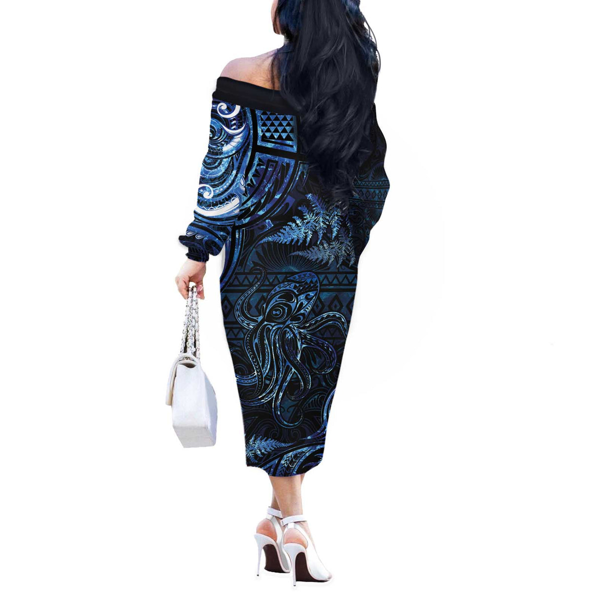 Aotearoa New Zealand Octopus Off The Shoulder Long Sleeve Dress Silver Fern Maori Pattern