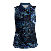 Aotearoa New Zealand Octopus Women Sleeveless Polo Shirt Silver Fern Maori Pattern LT05 Female Blue - Polynesian Pride