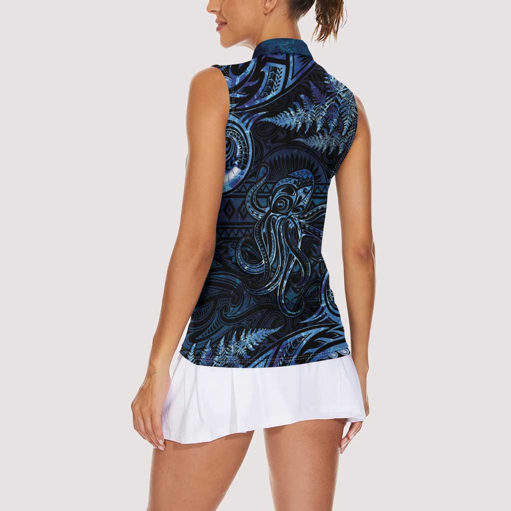 Aotearoa New Zealand Octopus Women Sleeveless Polo Shirt Silver Fern Maori Pattern LT05 - Polynesian Pride
