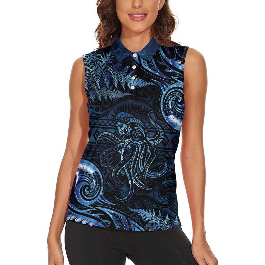 Aotearoa New Zealand Octopus Women Sleeveless Polo Shirt Silver Fern Maori Pattern LT05 - Polynesian Pride