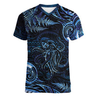 Aotearoa New Zealand Octopus Women V-Neck T-Shirt Silver Fern Maori Pattern LT05 Female Blue - Polynesian Pride
