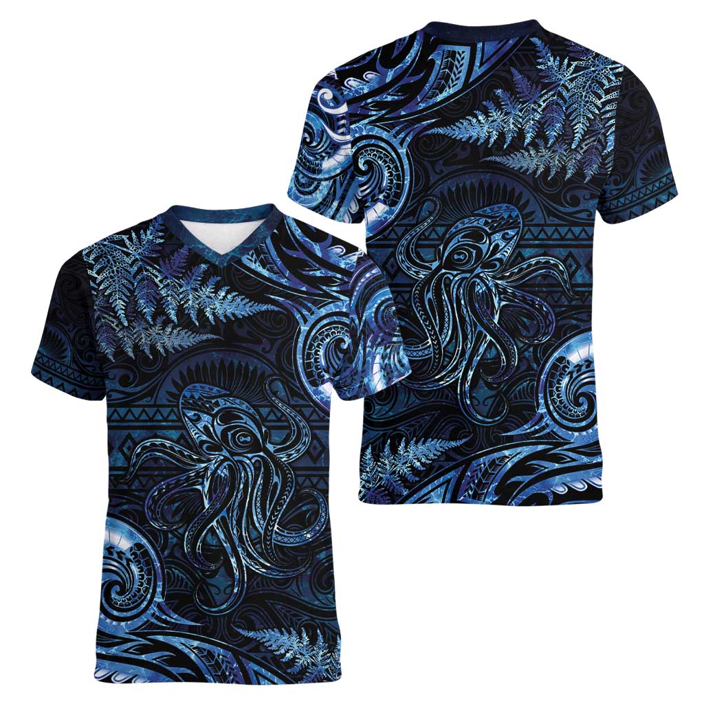 Aotearoa New Zealand Octopus Women V-Neck T-Shirt Silver Fern Maori Pattern LT05 - Polynesian Pride