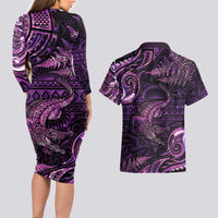 Aotearoa New Zealand Crocodile Couples Matching Long Sleeve Bodycon Dress and Hawaiian Shirt Silver Fern Maori Pattern LT05 - Polynesian Pride