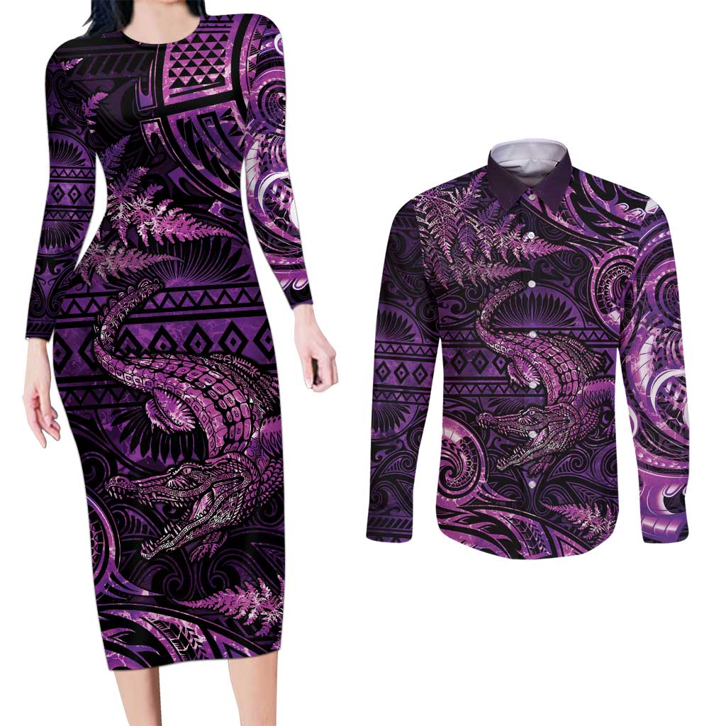 Aotearoa New Zealand Crocodile Couples Matching Long Sleeve Bodycon Dress and Long Sleeve Button Shirt Silver Fern Maori Pattern LT05 Purple - Polynesian Pride