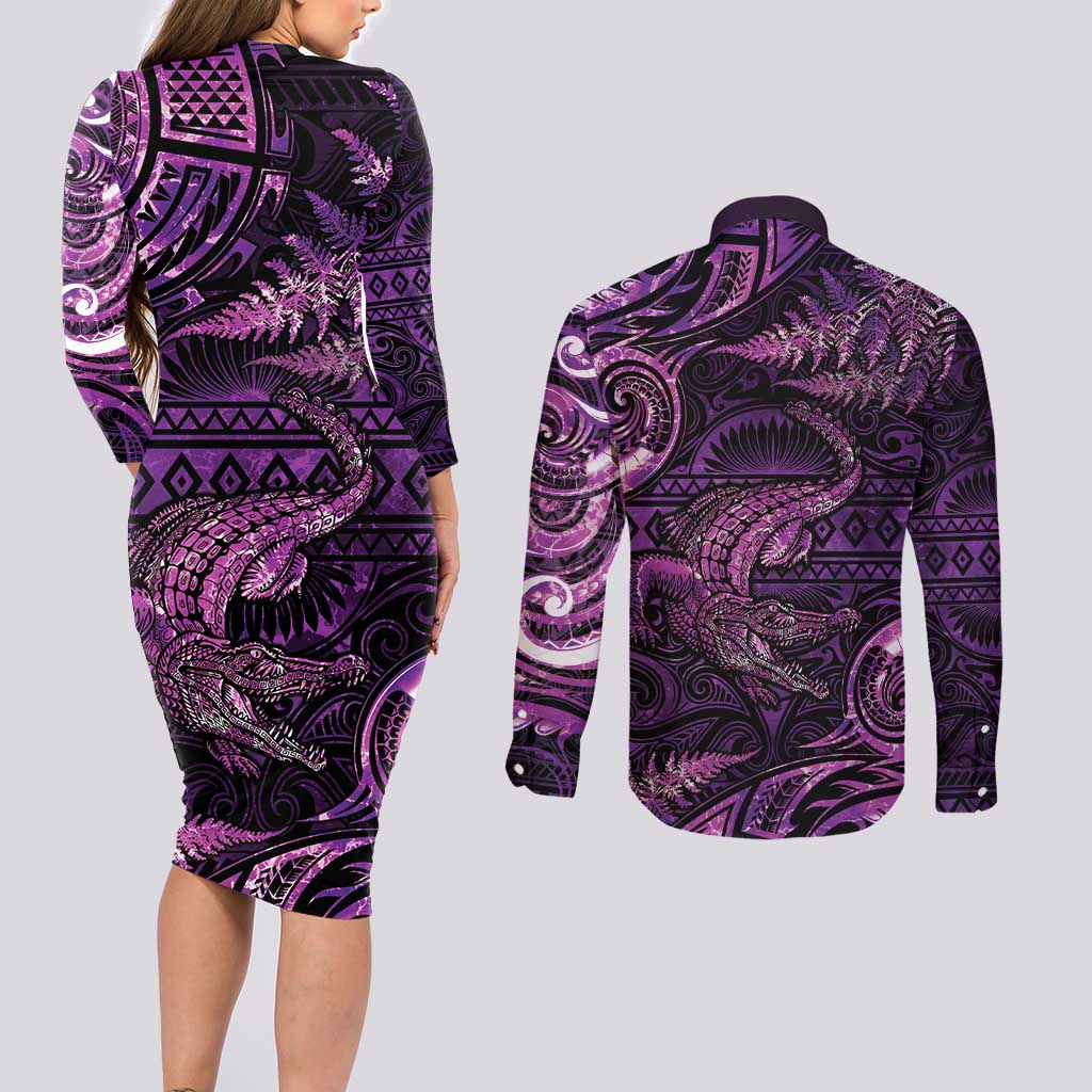 Aotearoa New Zealand Crocodile Couples Matching Long Sleeve Bodycon Dress and Long Sleeve Button Shirt Silver Fern Maori Pattern LT05 - Polynesian Pride