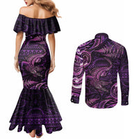 Aotearoa New Zealand Crocodile Couples Matching Mermaid Dress and Long Sleeve Button Shirt Silver Fern Maori Pattern LT05 - Polynesian Pride