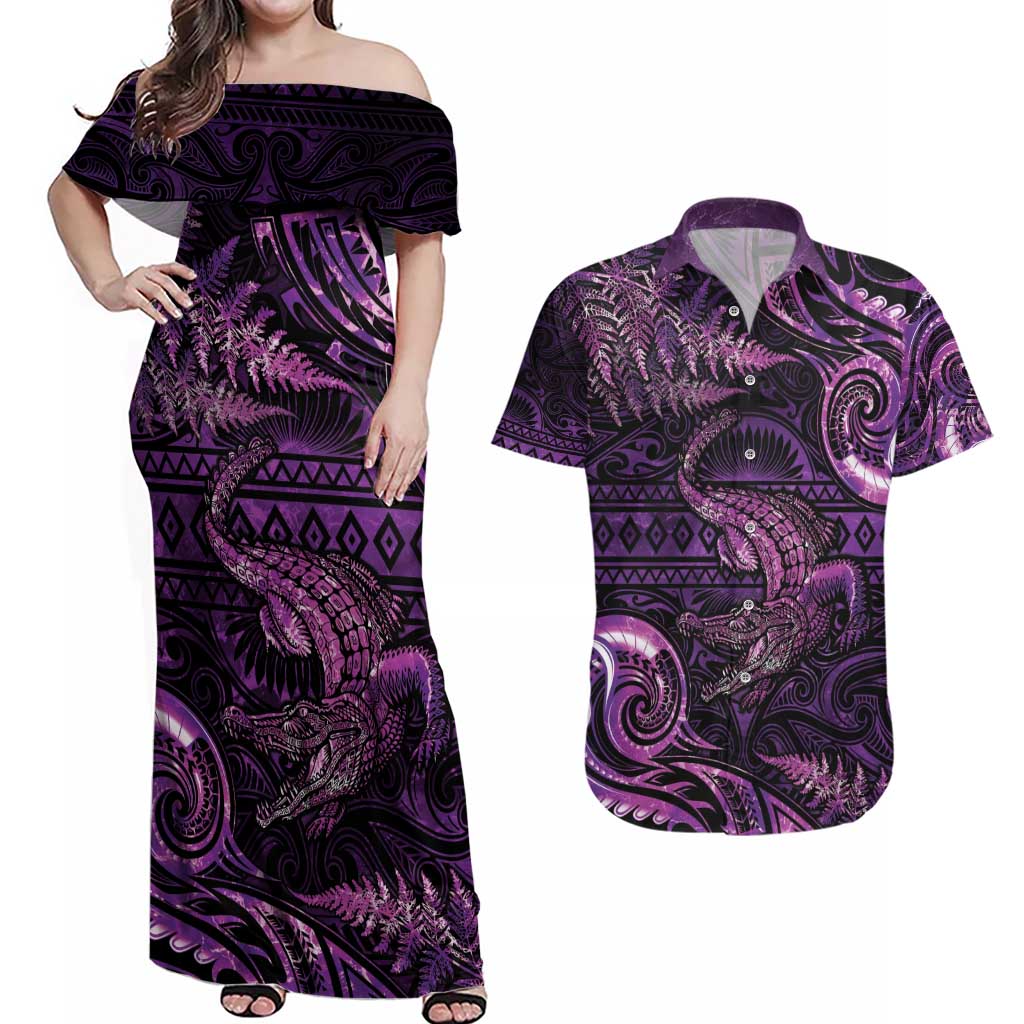 Aotearoa New Zealand Crocodile Couples Matching Off Shoulder Maxi Dress and Hawaiian Shirt Silver Fern Maori Pattern LT05 Purple - Polynesian Pride