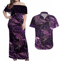 Aotearoa New Zealand Crocodile Couples Matching Off Shoulder Maxi Dress and Hawaiian Shirt Silver Fern Maori Pattern LT05 Purple - Polynesian Pride