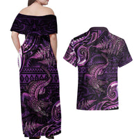 Aotearoa New Zealand Crocodile Couples Matching Off Shoulder Maxi Dress and Hawaiian Shirt Silver Fern Maori Pattern LT05 - Polynesian Pride