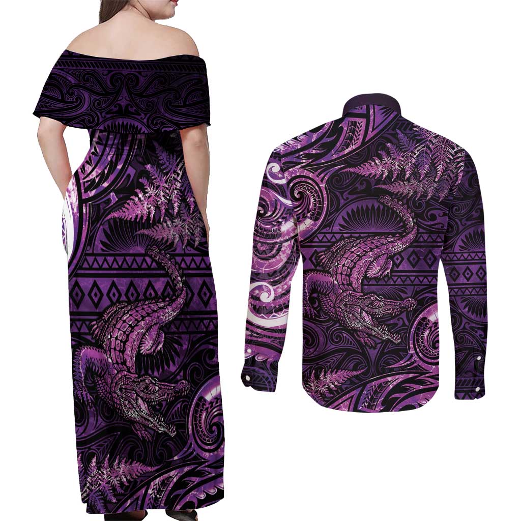 Aotearoa New Zealand Crocodile Couples Matching Off Shoulder Maxi Dress and Long Sleeve Button Shirt Silver Fern Maori Pattern LT05 - Polynesian Pride
