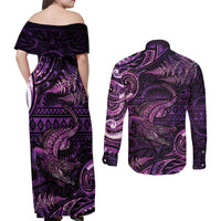 Aotearoa New Zealand Crocodile Couples Matching Off Shoulder Maxi Dress and Long Sleeve Button Shirt Silver Fern Maori Pattern LT05 - Polynesian Pride
