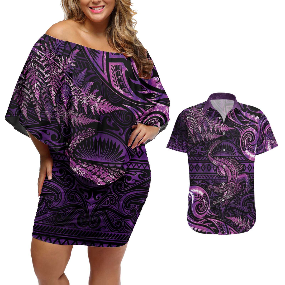 Aotearoa New Zealand Crocodile Couples Matching Off Shoulder Short Dress and Hawaiian Shirt Silver Fern Maori Pattern LT05 Purple - Polynesian Pride